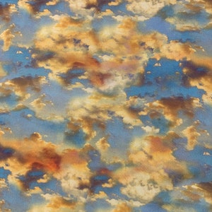 May include: A fabric with a sky-like pattern. The design features a blend of blue, orange, and brown hues, resembling clouds. The fabric's texture is soft and the pattern is repeated across the surface.