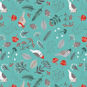 Dreaming of Snow Birds in Scarves Teal - Clothworks by Rebecca Jones Cotton Fabric