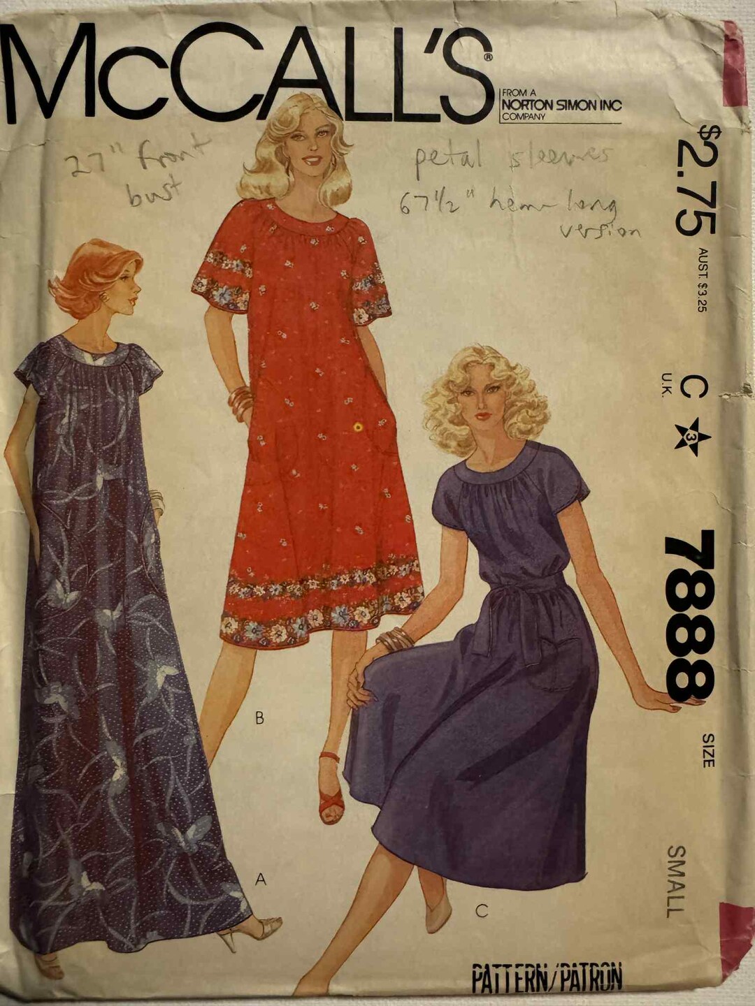 1982 Vintage Mccall's, Mumu, Muu Muu, House Dress, Pattern# 7888, Size ...