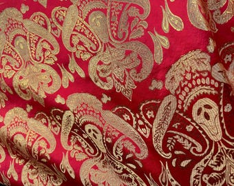 Red & Gold Damask Paisley - Faux Silk Brocade Jacquard Fabric