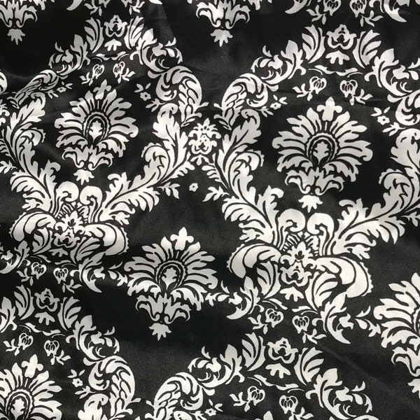 Black & White Damask - Faux Silk Charmeuse Satin Fabric