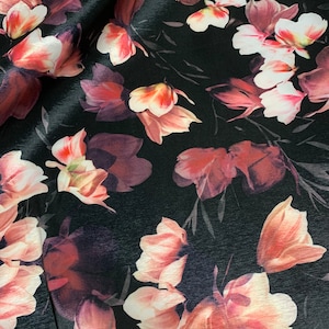 Black & Pink Magnolia Floral - Stretch Polyester Taffeta Fabric
