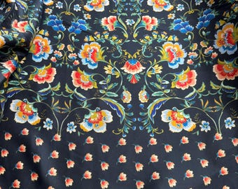 Johnny Was Black with Bright Floral Border Print 100% Silk Twill Fabric