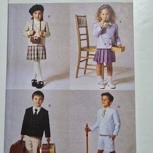 May include: Vogue for Me pattern 7414, size 5, featuring children's clothing designs. The image shows four children in different outfits, including blazers, skirts, shorts, and accessories. The pattern includes a beret, camera, and luggage.