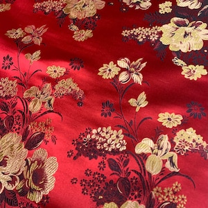 Red with Gold Peonies Floral - Silk Brocade Fabric