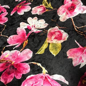 Zwarte & fuchsia Magnolia Floral-stretch polyester fluwelen stof