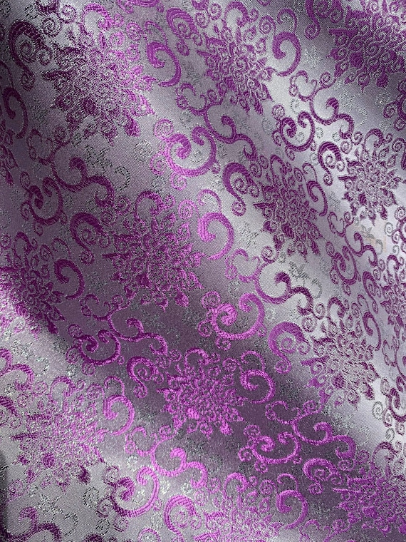 lilac brocade fabric - Lilac & Silver Floral - Faux Silk Brocade Jacquard Fabric