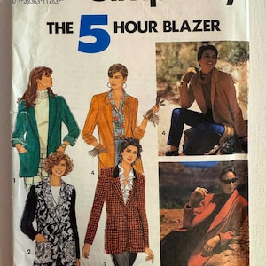 May include: Simplicity sewing pattern for a 5-hour blazer. The package features illustrations of various blazer styles in different colors and patterns. The text on the package includes the size range and the brand name.