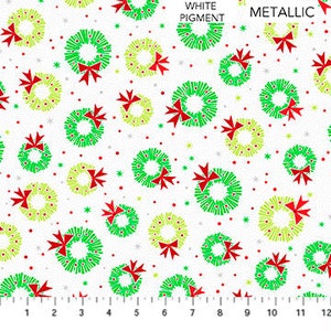 May include: White fabric with a repeating pattern of green wreaths with red bows and yellow wreaths with red bows. There are also small red and silver stars scattered throughout the fabric.