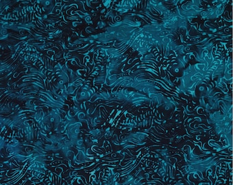 Turquoise/Dark Blue Fish & Waves - Blue Chase - Batik by Mirah Cotton Fabric