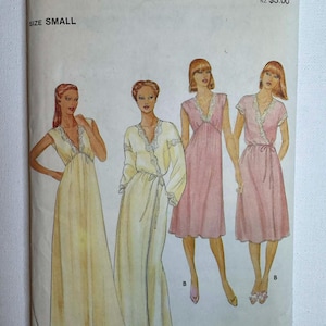 May include: A vintage Butterick sewing pattern, size small, featuring illustrations of women's sleepwear. The pattern includes designs for a long, sleeveless gown, a robe, and two variations of a wrap-style dress in shades of yellow and pink.