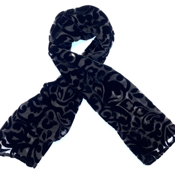 Silk Velvet Scarf in BLACK BURNOUT SCROLL Handmade 12x42"