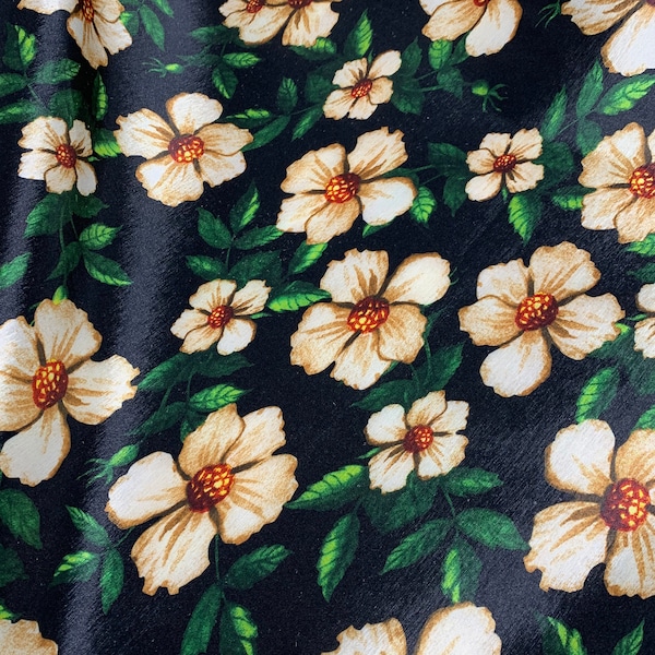 Black Ivory Floral - Stretch Polyester Taffeta Fabric