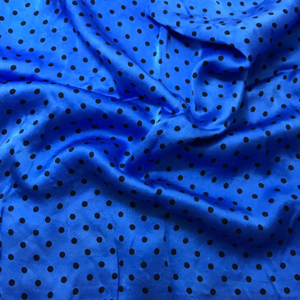 Hand Dyed Silk CHARMEUSE Fabric Cornflower Blue & Black Small Polka Dots