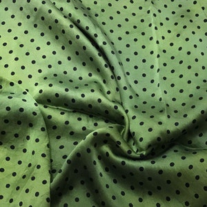 Hand Dyed Silk CHARMEUSE Fabric Moss Green & Black Small Polka Dots