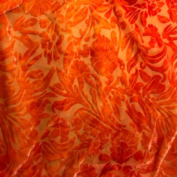 DEEP ORANGE Floral Burnout Hand Dyed Silk Velvet Fabric