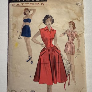 May include: Vintage Butterick printed sewing pattern featuring illustrations of women's dresses and separates. The pattern includes a red dress, a blue two-piece outfit, and a plaid dress. The pattern's bust size is 30 inches and size 12.