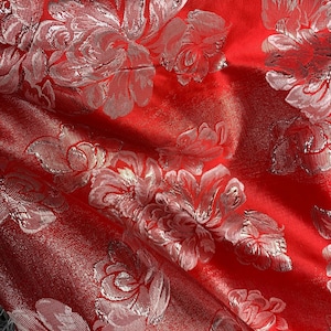 Bright Red & Silver Roses - Faux Silk Brocade Jacquard Fabric - Etsy