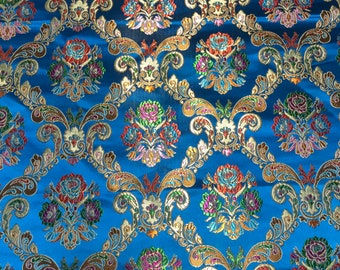 Turquoise & Gold Floral Damask - Silk Brocade Fabric