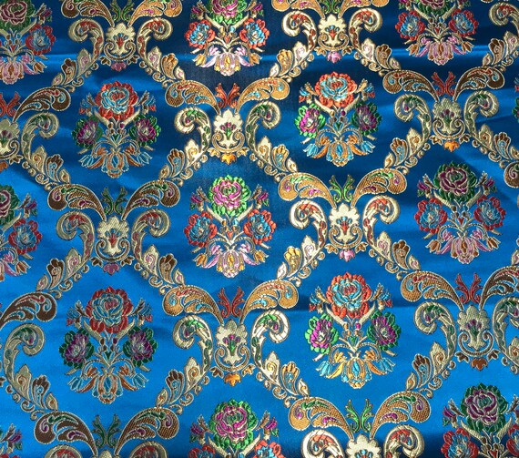 Turquoise & Gold Floral Damask Silk Brocade Fabric Etsy