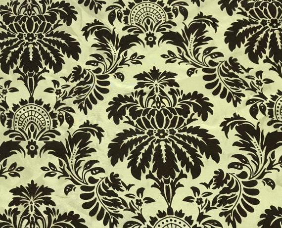 sage velvet fabric - Sage Green with Brown Small Damask - Flocked Velvet Faux Silk Taffeta Fabric