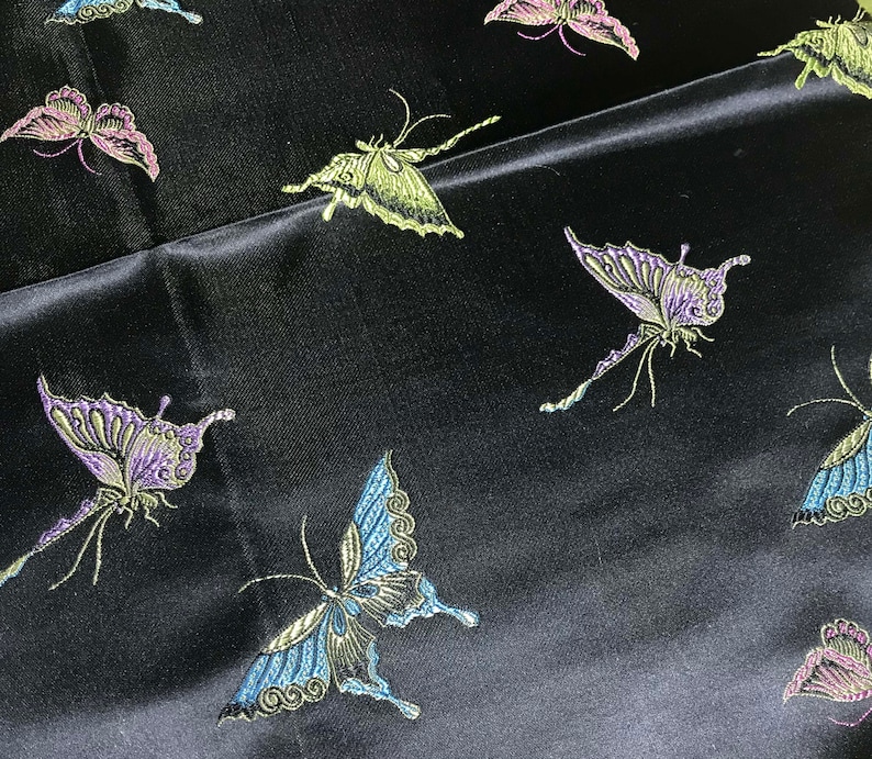Faux Silk Brocade Fabric 12 Yard Black with Butterflies Remnant Sale