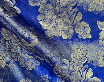 Royal Blue & Gold Roses - Faux Silk Brocade Jacquard Fabric