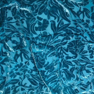 TEAL BLUE Floral Burnout Hand Dyed Silk Velvet Fabric