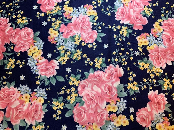navy satin fabric - Navy Blue with Pink Roses Cotton Sateen Fabric Vintage 90's OOP Marcus Brothers
