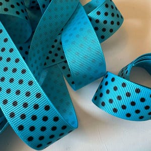 Vintage Turquoise with Black Polka Dots Grosgrain Ribbon Trim 1&quot; wide - 4 Yards