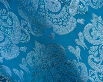 Turquoise Blue & Silver Damask Paisley - Faux Silk Brocade