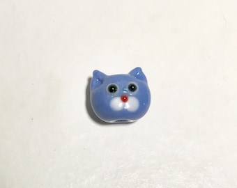 Handmade Lampwork Glass Beads - Blue Cat Faces - Set of 2