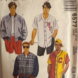 May include: A McCall's 6577 sewing pattern envelope for size large (42, 44). The front displays illustrations of four outfits: a striped bomber jacket, a plaid bomber jacket, a white button-down baseball jersey with NY, and a yellow and red baseball jersey with C.