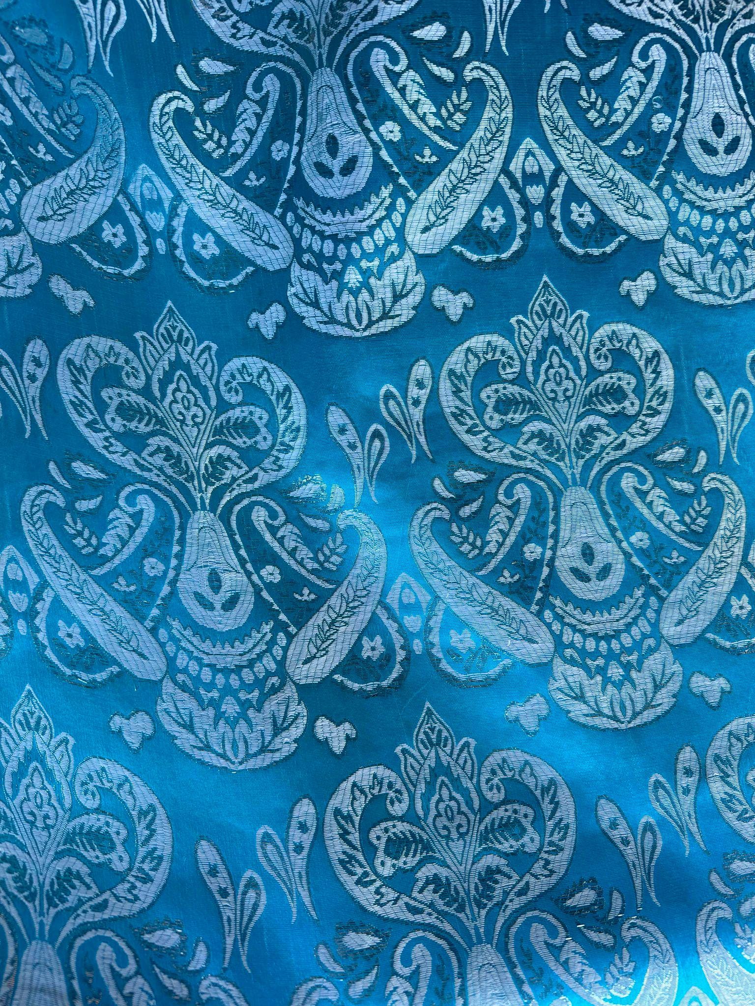Turquoise Blue & Silver Damask Paisley - Faux Silk Brocade