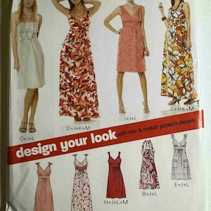 Könnte beinhalten: Ein New Look Schnittmuster mit verschiedenen Kleiderdesigns. Das Muster enthält Bilder der fertigen Kleider in verschiedenen Stilen und Farben, einschließlich floraler und unifarbener Optionen. Der Text "design your look" ist deutlich sichtbar.