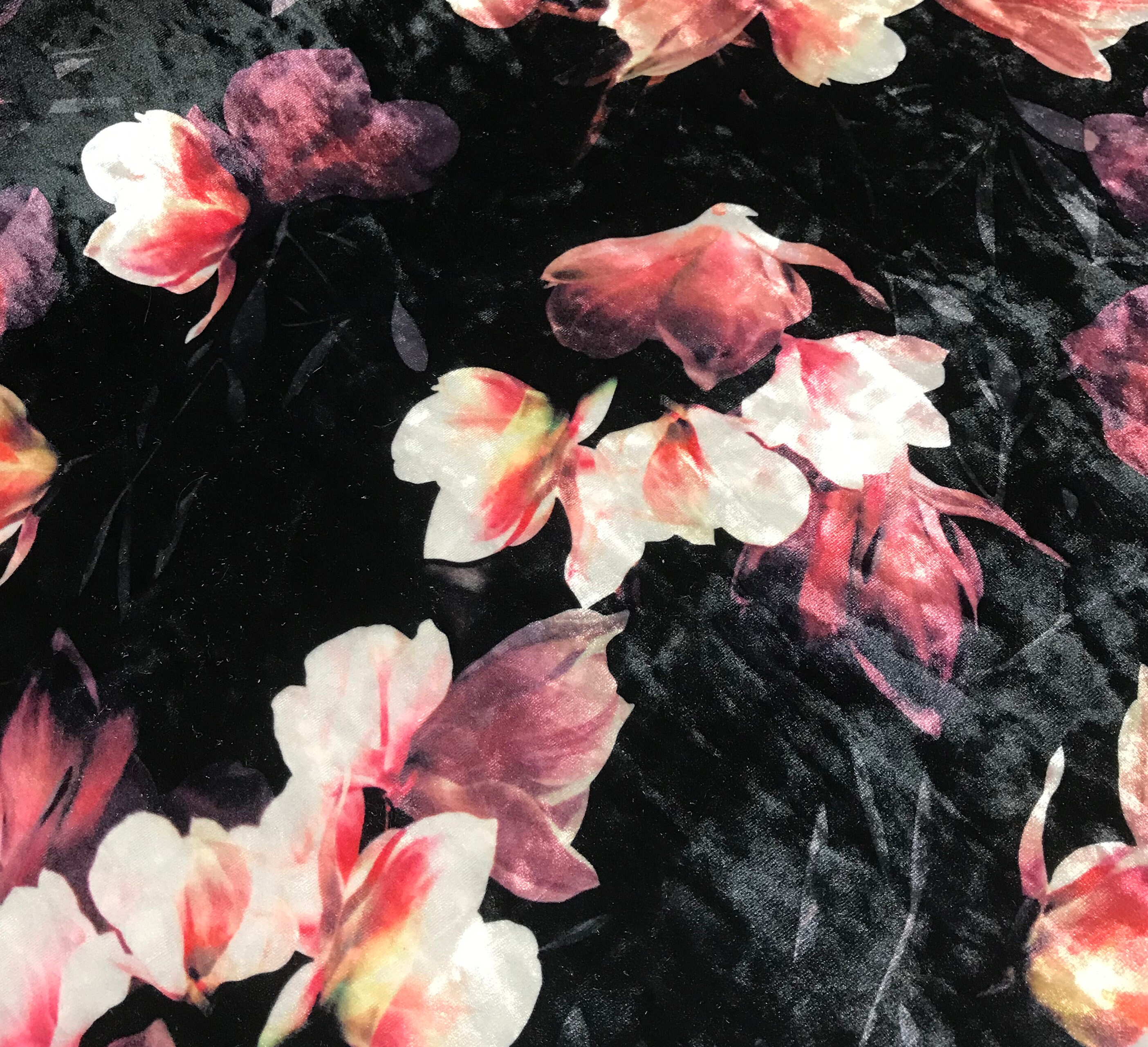 Black & Pink Magnolia Floral Stretch Polyester Velvet Fabric - Etsy