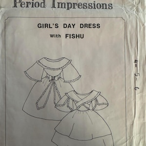 May include: A sewing pattern envelope for a Girl's Day Dress with Fishu, labeled Period Impressions 304. The white paper envelope features black line drawings of two dress variations with ruffled sleeves and a bow, plus James Country Mercantile text.
