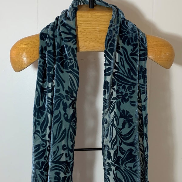 Silk Velvet Scarf in Hand Dyed Teal Green Burnout Floral Handmade 12x51"