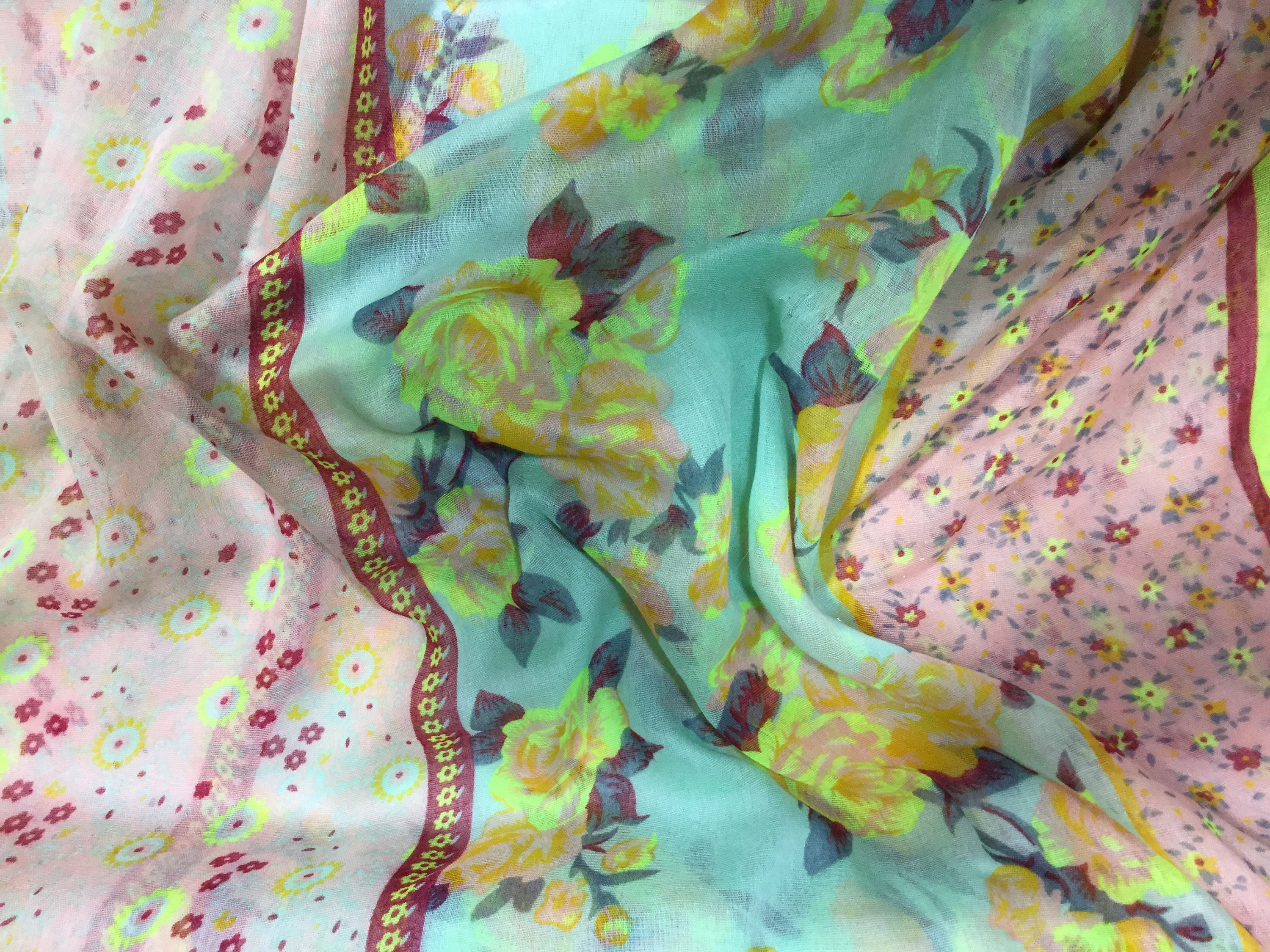 Turquoise & Rose Pink Floral Stripe Polyester Gauze Voile - Etsy