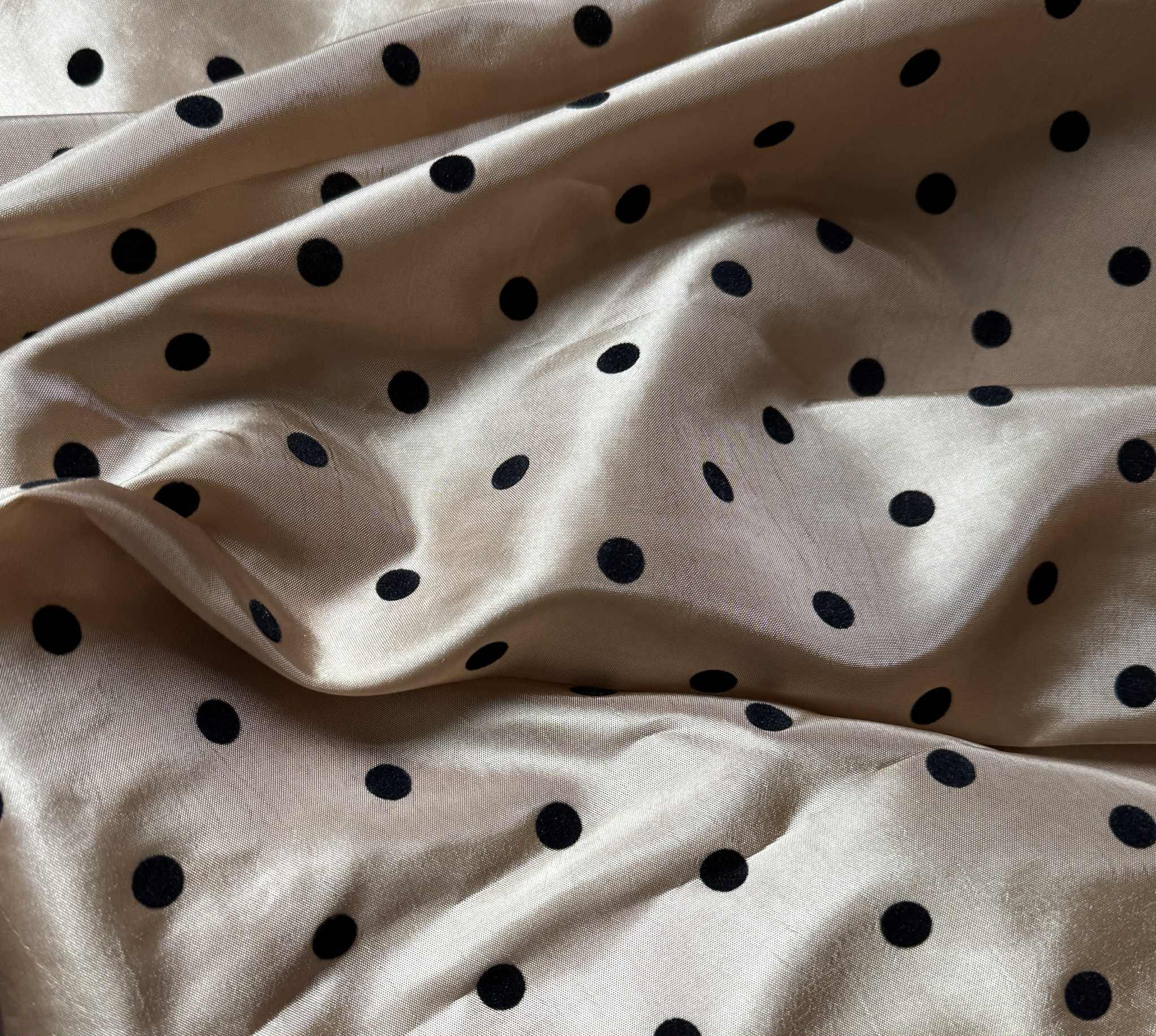 28"x36" Gold Faux Silk Taffeta with Black Velvet Flocked Polka Dots Fabric