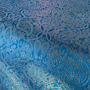 Turquoise Blue & Silver Small Paisley - Faux Silk Brocade Jacquard Fabric