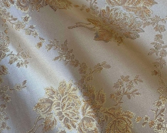 Cream & Gold Roses Floral - Faux Silk Brocade Jacquard Fabric