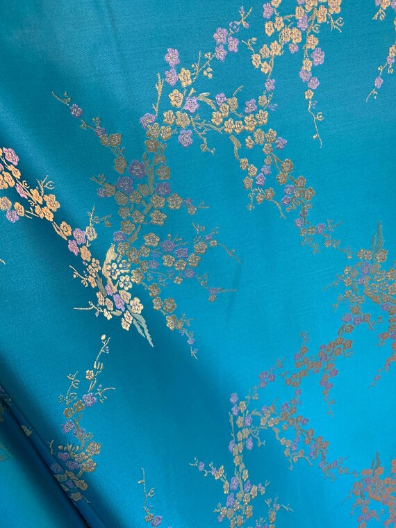turquoise brocade fabric - Turquoise Cherry Blossom Floral - Faux Silk Brocade Jacquard Fabric