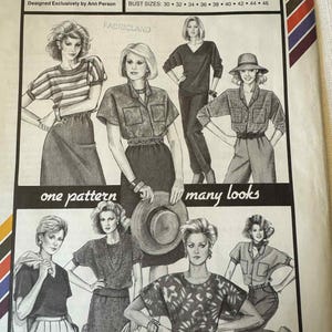 May include: Vintage sewing pattern for an easy blouse and pullover, featuring multiple design options. The pattern includes bust sizes 30-46 and is designed by Ann Person. The cover art showcases various blouse styles.