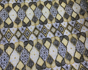 Black & Gold Diamonds Geometric Lace - Schiffli Lace Fabric