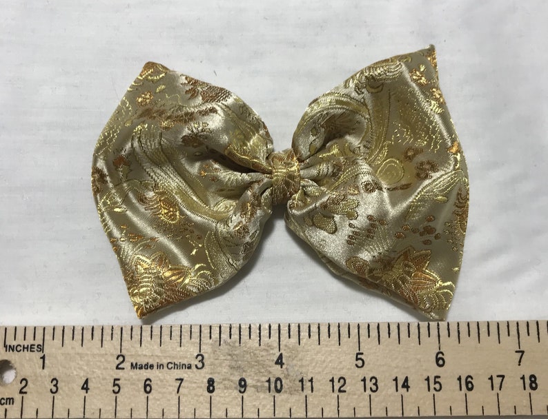 Gold Floral Paisley Silky Brocade Bow Handmade Double Sided