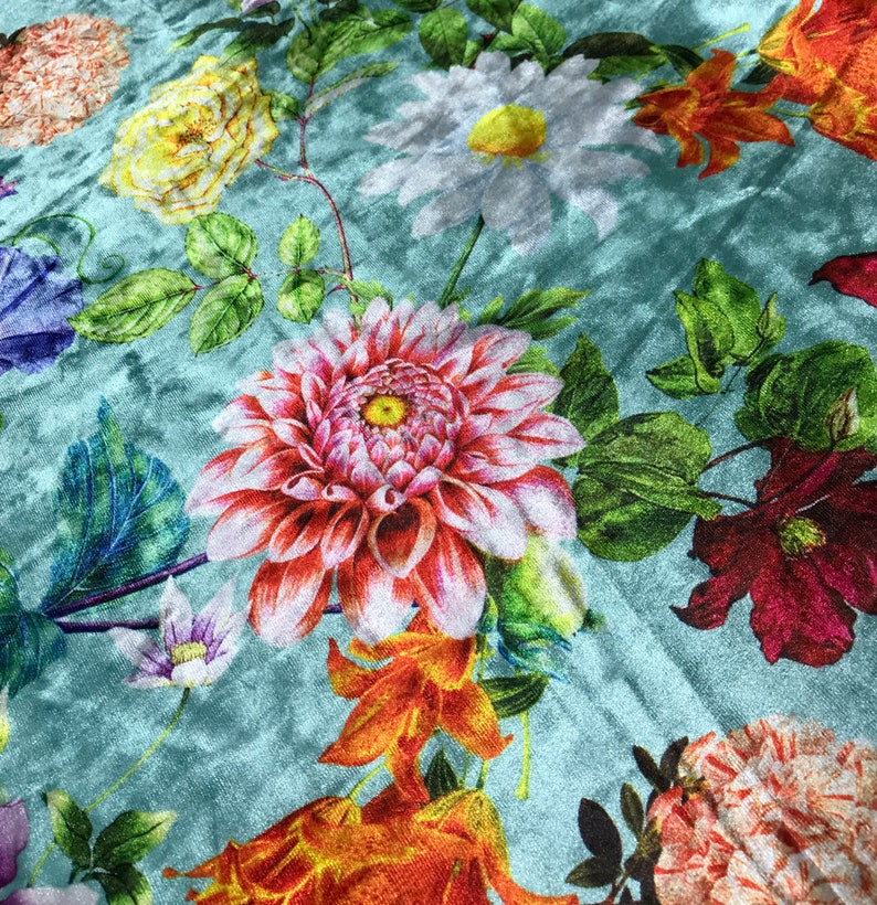 Aqua Multi Floral Stretch Polyester Velvet Fabric Etsy