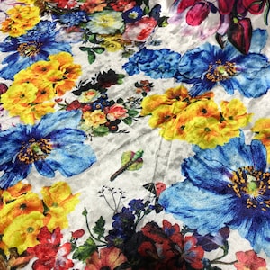 White, Blue, Yellow & Pink Multi Floral - Stretch Polyester Velvet Fabric
