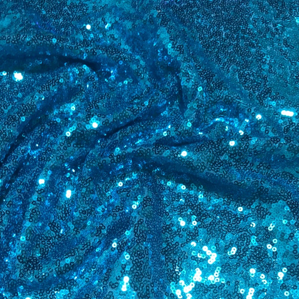 Teal Blue - Sequin Spangle Sewn on Mesh Fabric