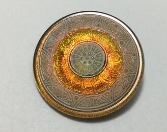 Vintage Glass Button - Mirror Back Iridescent Orange & White with Geometric Flower 1-3/8"